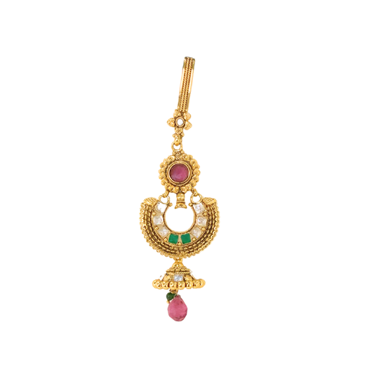 Gold plated saree pin semi cicrle design with green stone pink bead