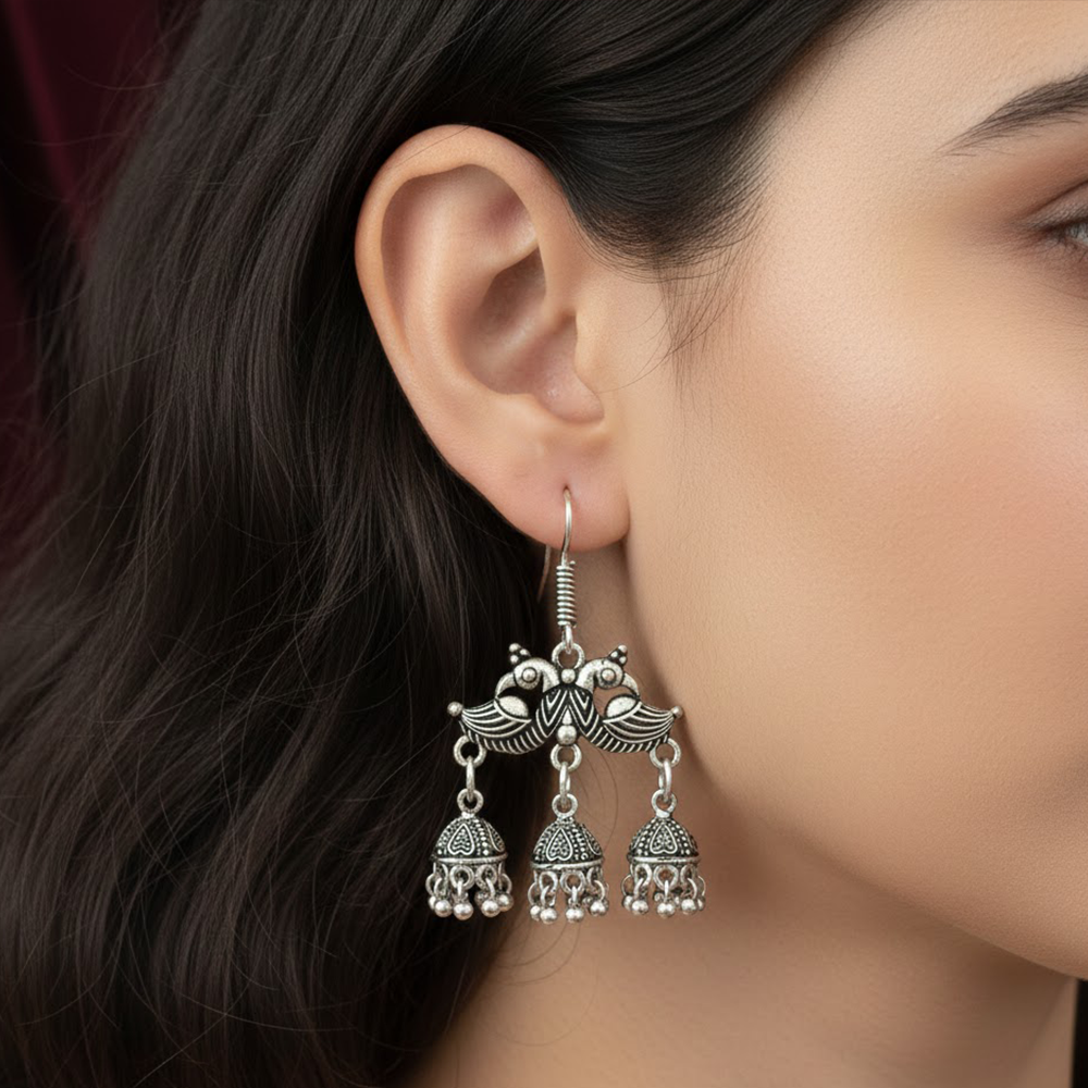 Double Peacock Three Jhumka Hanging Earring