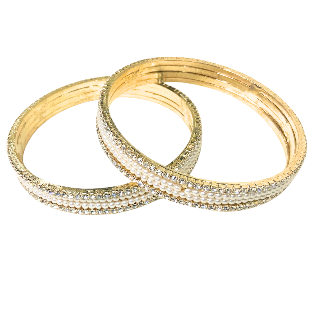 Gold Plated Pearl Bangles With White Stones