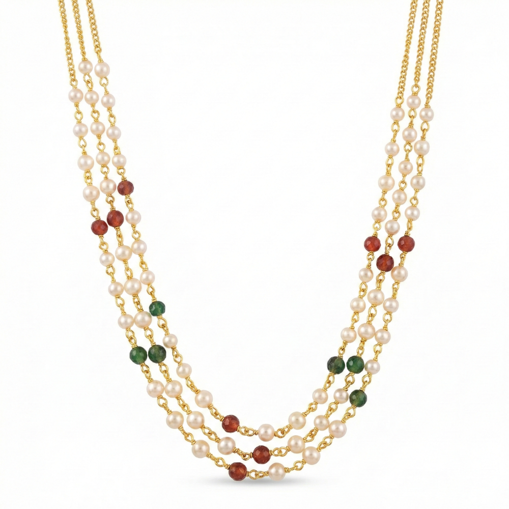 Red, Green & White Pearls Three Strings Chain