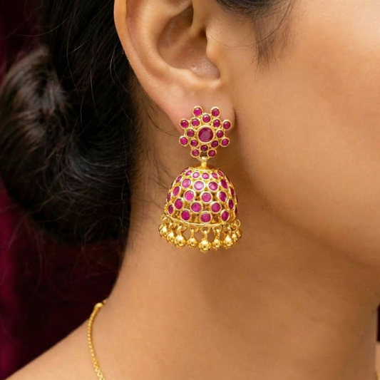 Jhumkas with Pink Stones and Hanging Golden Beads