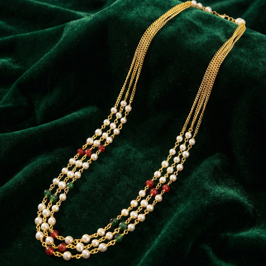 Red, Green & White Pearls Three Strings Chain