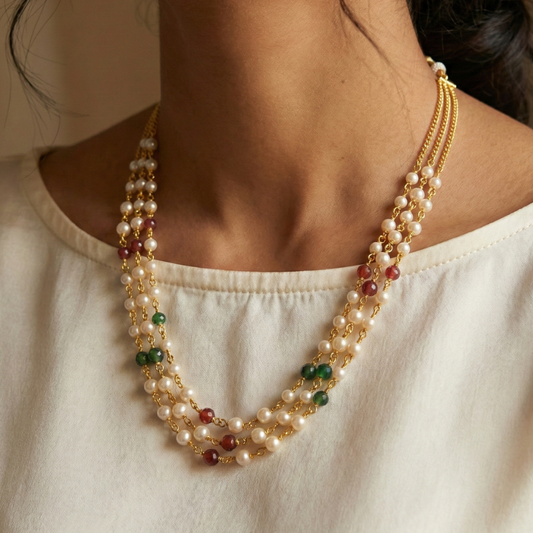 Red, Green & White Pearls Three Strings Chain