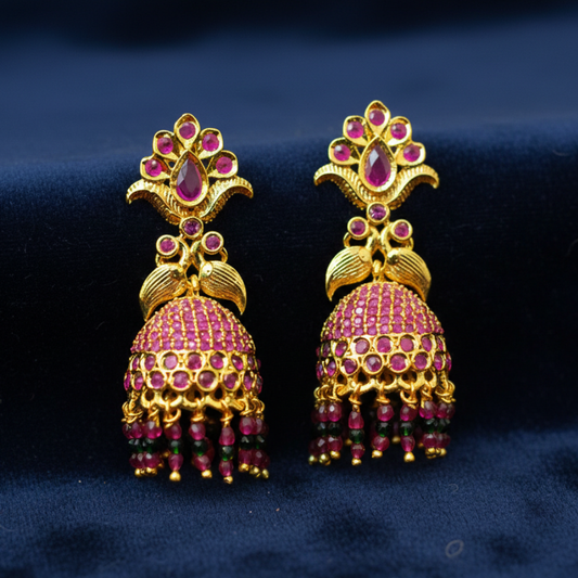 Gold Plated Jhumkas with Multi Color Stones & Hanging Beads