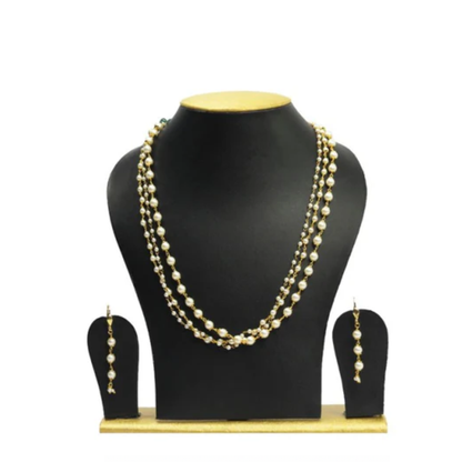 White Beads Three String Chain with Earrings