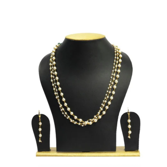 White Beads Three String Chain with Earrings