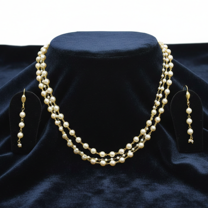 White Beads Three String Chain with Earrings