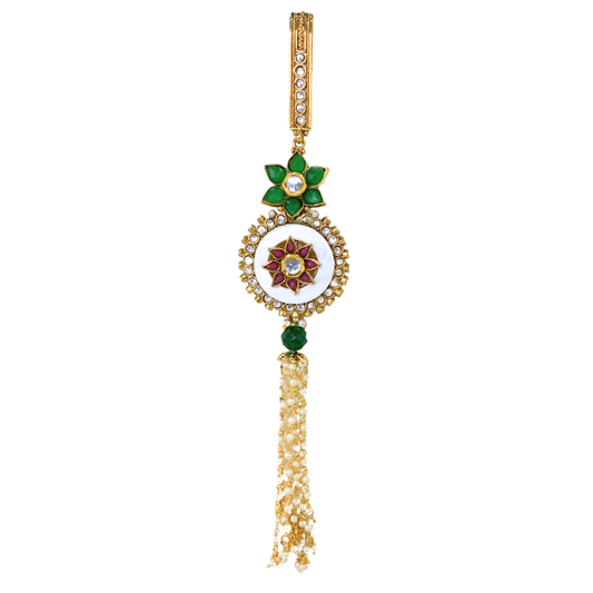 Gold plated round saree pin with big green flower and red small flower