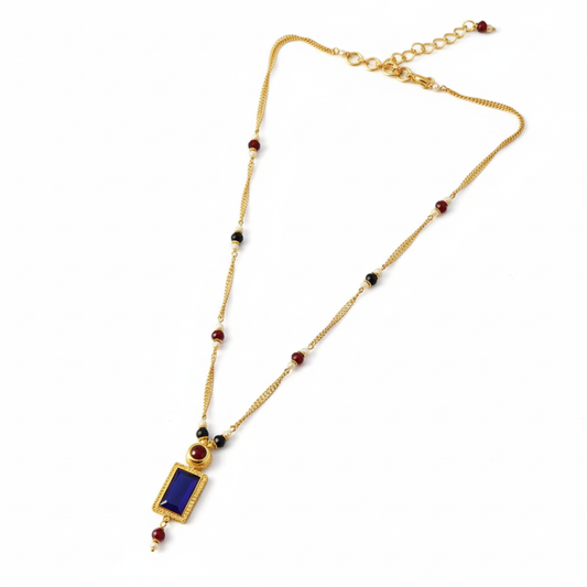 Thin Chain with Blue Box Pendant and White & Blue Beads