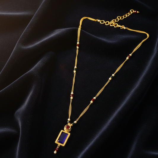 Thin Chain with Blue Box Pendant and White & Blue Beads