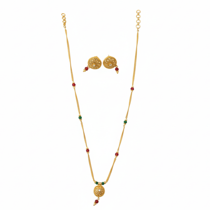 Small Circular Pendant Chain with Red & Green Beads
