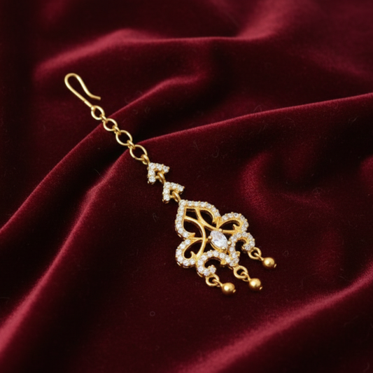Gold plated maang tikka with double leaf white stone