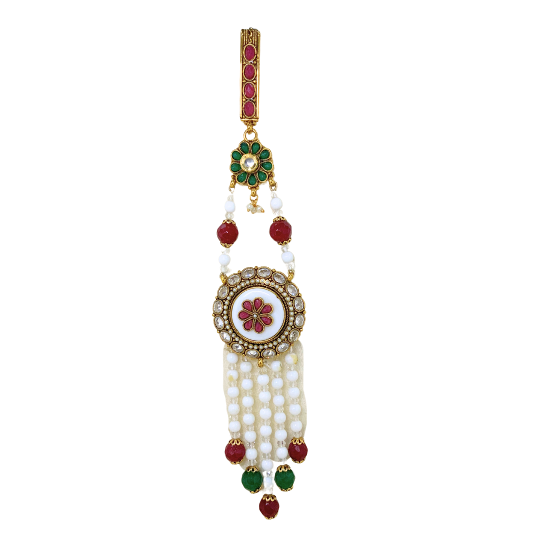 Gold Plated Saree Pin Round Flower Design Red With White Stone