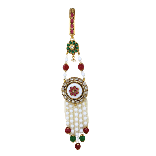 Gold Plated Saree Pin Round Flower Design Red With White Stone