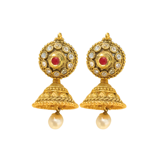 Gold plated round jhumka with red white stone and white pearl
