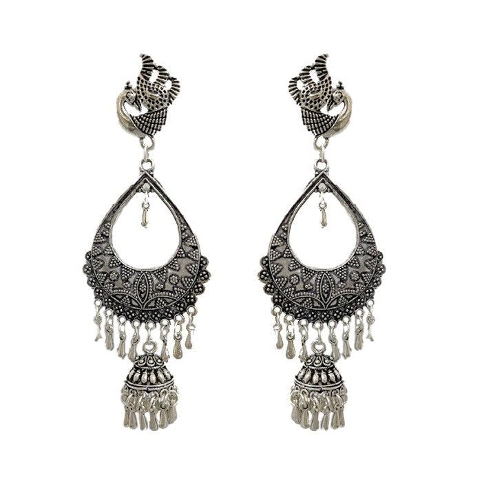 Oxidised long silver jhumkas