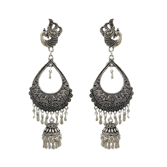 Oxidised long silver jhumkas
