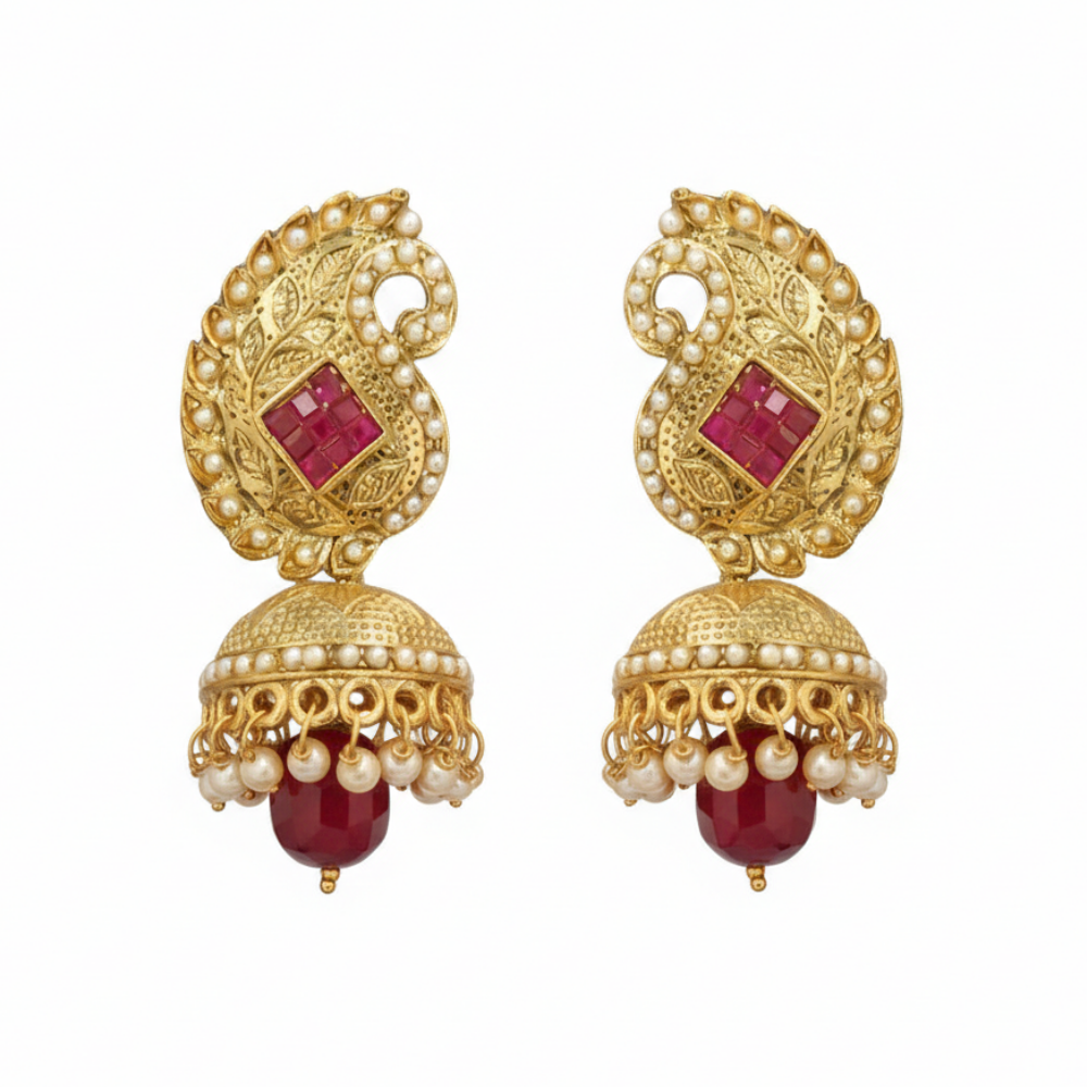 Gold Plated With Pink Stone Maanga Design Jhumkas