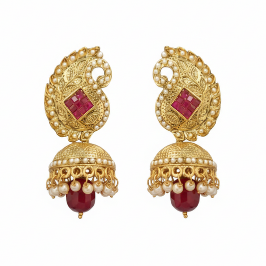 Gold Plated With Pink Stone Maanga Design Jhumkas