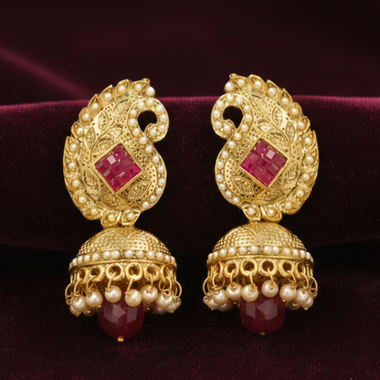 Gold Plated With Pink Stone Maanga Design Jhumkas