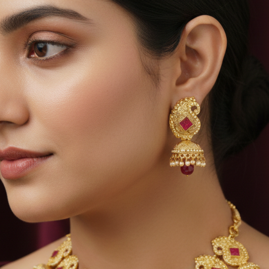 Gold Plated With Pink Stone Maanga Design Jhumkas