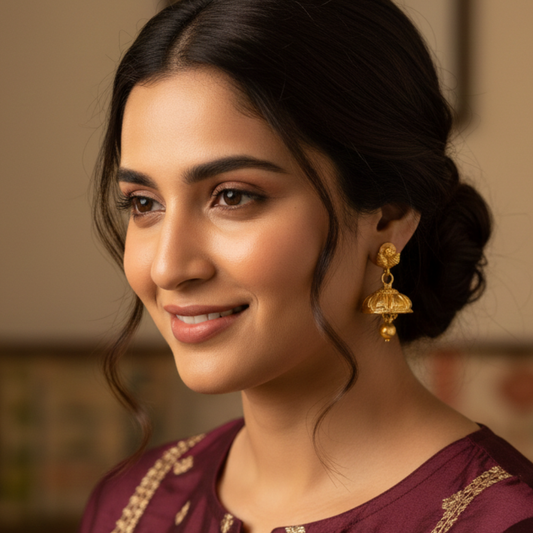 Gold Plated Plain Jhumka with Hanging Beads