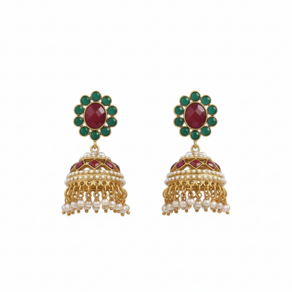 Gold Plated With Red & Green Stone With White Pearls