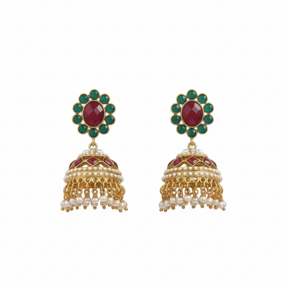 Gold Plated With Red & Green Stone With White Pearls