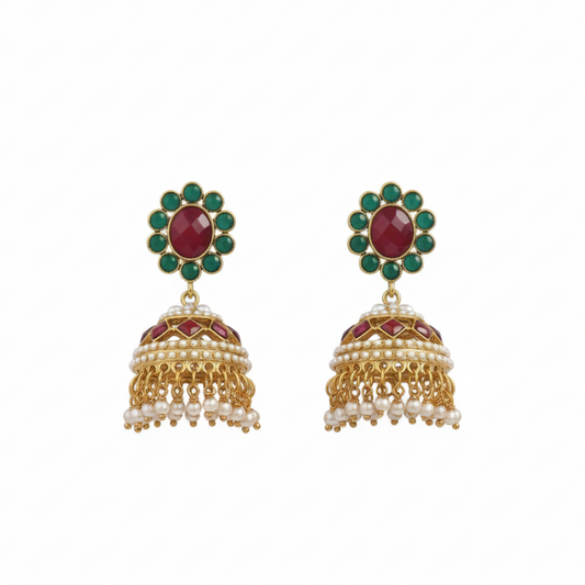 Gold Plated With Red & Green Stone With White Pearls