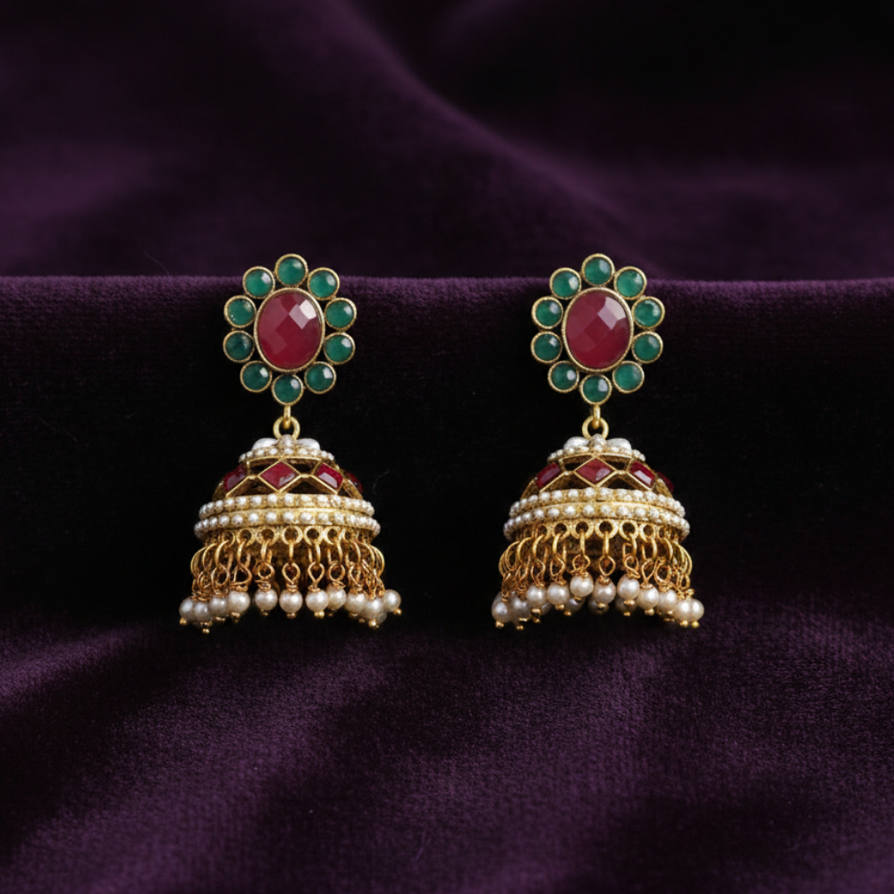 Gold Plated With Red & Green Stone With White Pearls