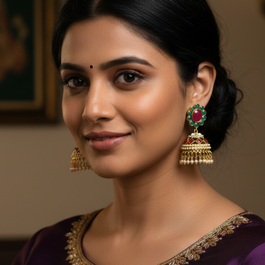 Gold Plated With Red & Green Stone With White Pearls