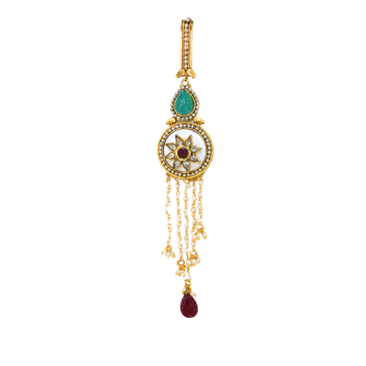 Gold Plated Saree Pin Star Design With Green and Red Stones with White Beads