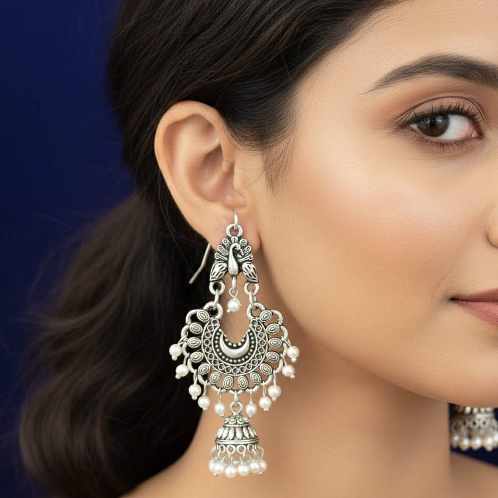 Peacock Stud Hanging Color Beads Chandbali Jhumka