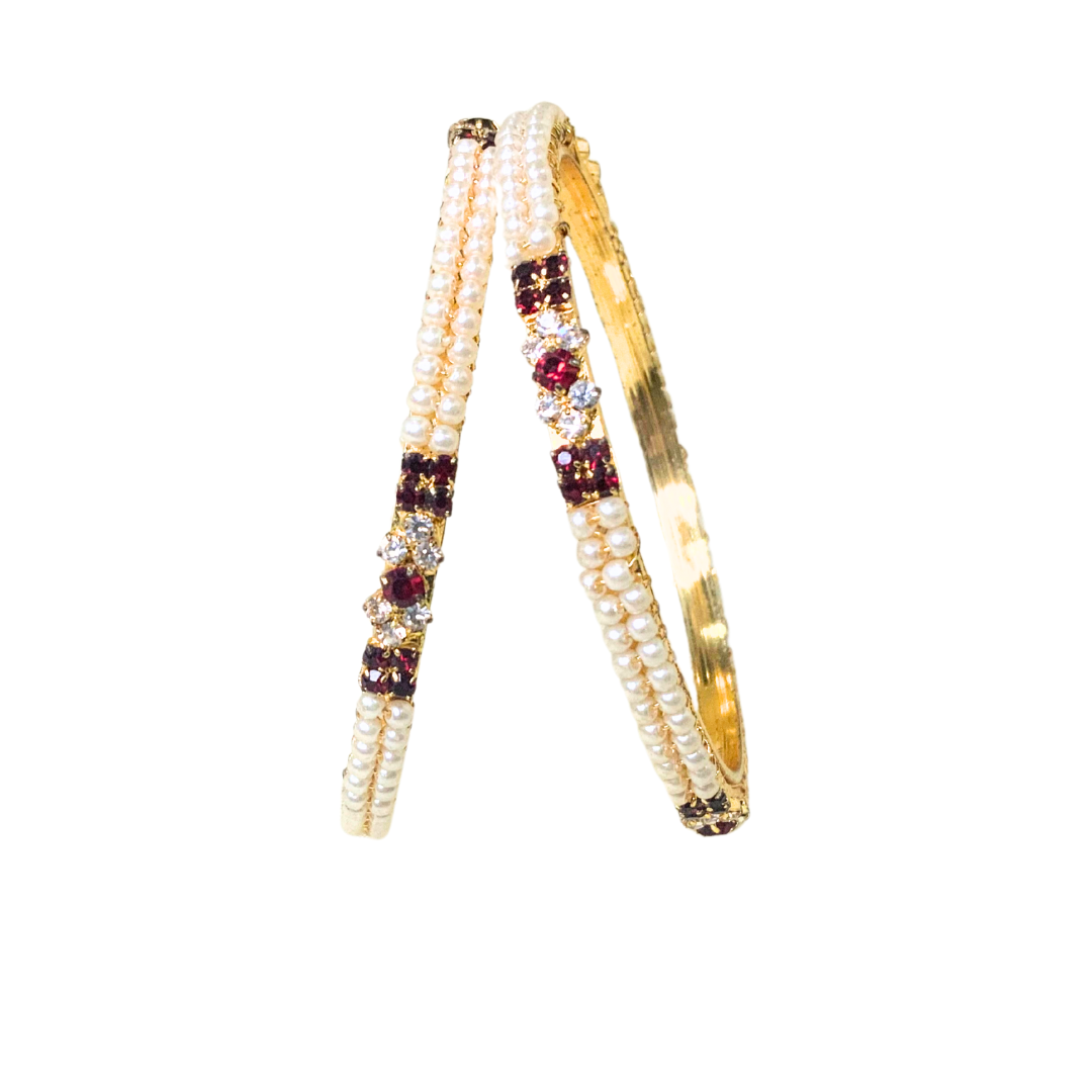 Gold Plated Pearl Bangles With White Stones