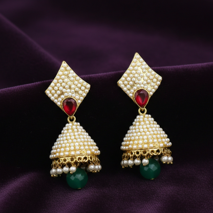 Pearl Jhumka with Red Stones & Hanging Green Beads
