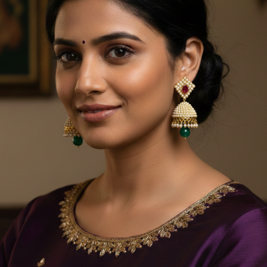 Pearl Jhumka with Red Stones & Hanging Green Beads