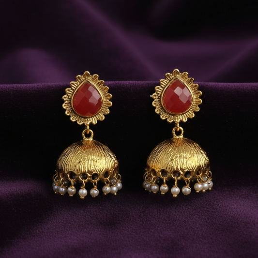 Antique Jhumka with Red Thilak Stone & Hanging Pearls