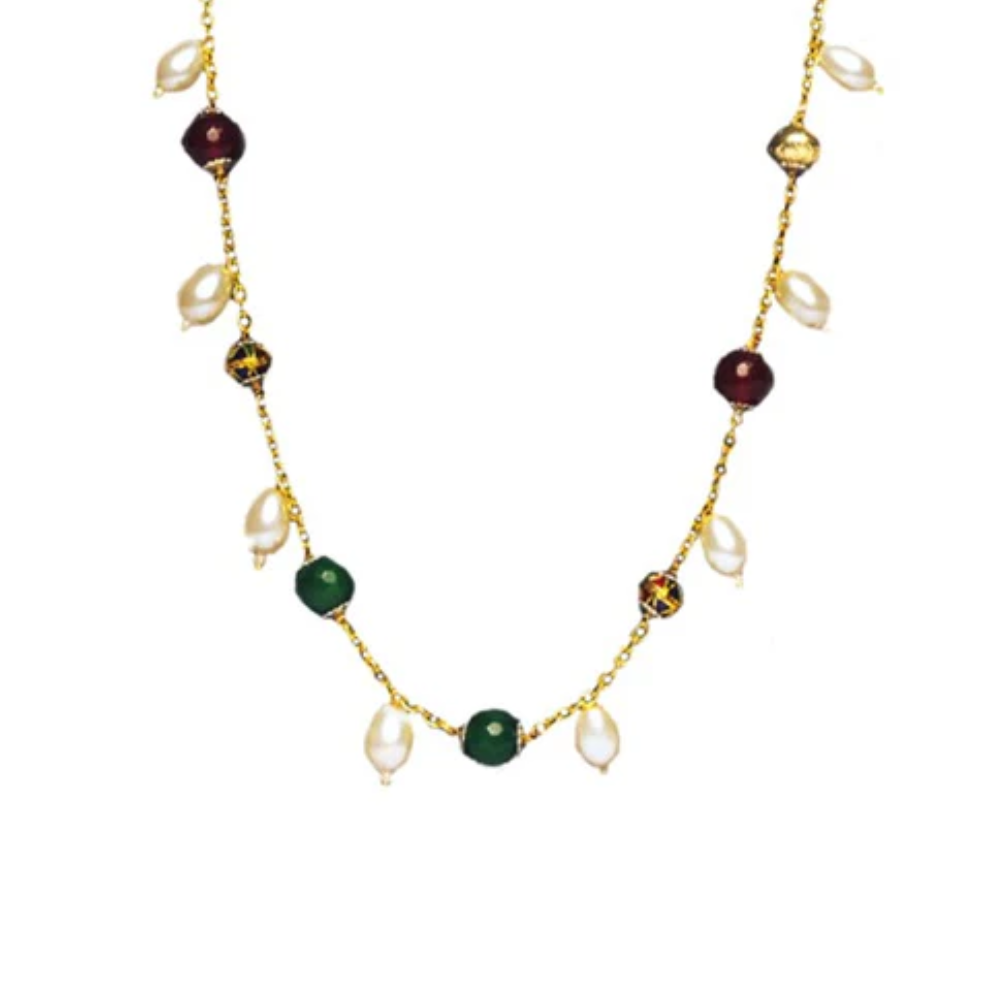 White, Red & Green Beads Chain with Matching Earrings