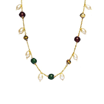 White, Red & Green Beads Chain with Matching Earrings