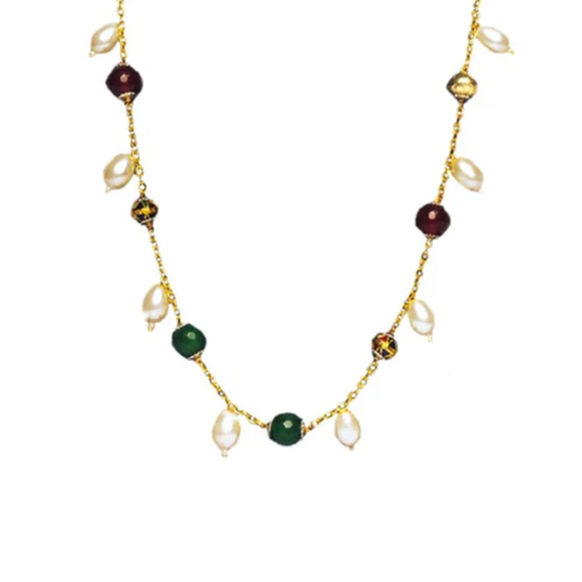 White, Red & Green Beads Chain with Matching Earrings