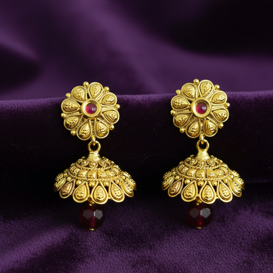 Gold Plated Red Stone Flower Design Jhumka