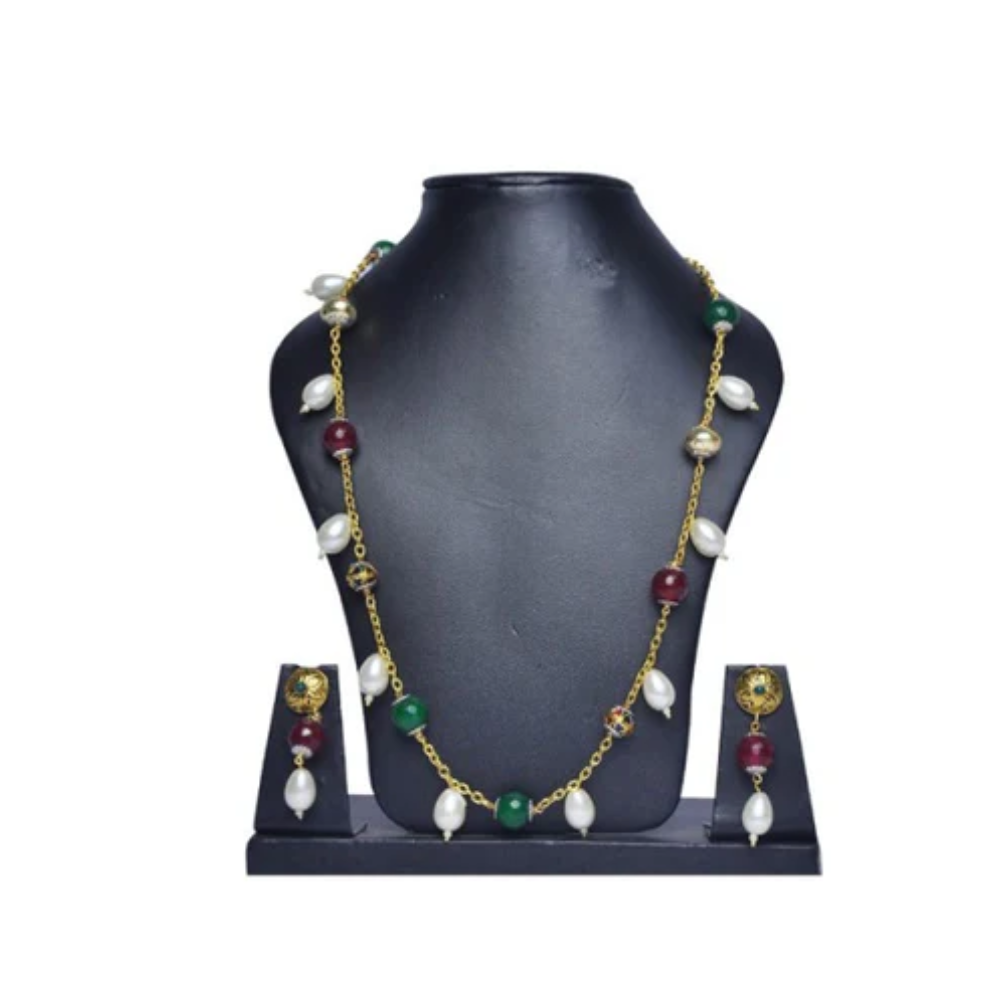 White, Red & Green Beads Chain with Matching Earrings