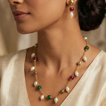 White, Red & Green Beads Chain with Matching Earrings