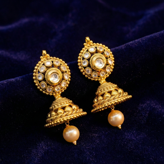 White Stone Pearl Hanging Kundan Stone Jhumka