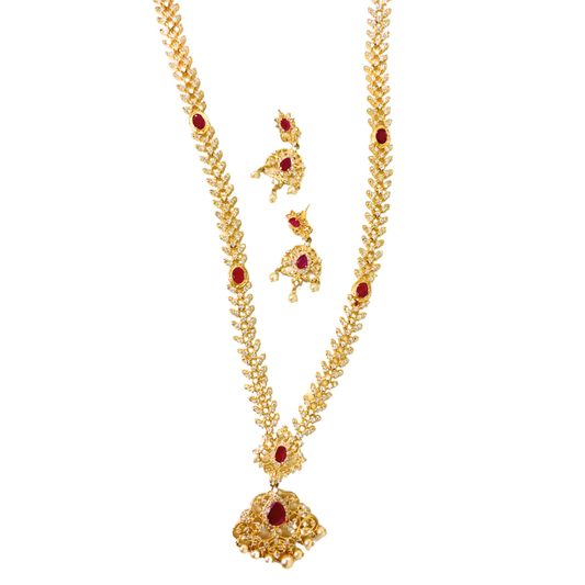 Gold Plated Diamond Design Necklace With Red Stone White Pearls