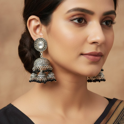 Multi Hanging Jhumkas with a Big Jhumka with Black Beads
