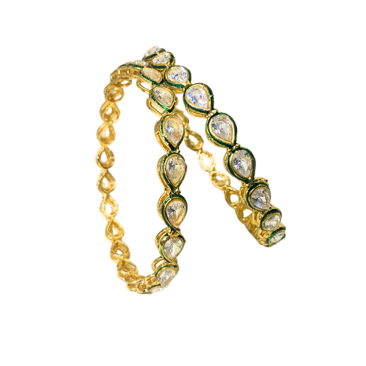 Gold Plated Pearl Bangles With White & Green Stones