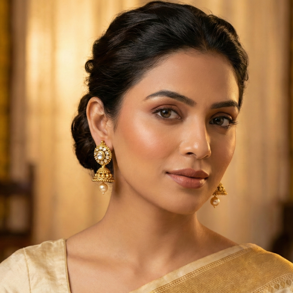 White Stone Pearl Hanging Kundan Stone Jhumka