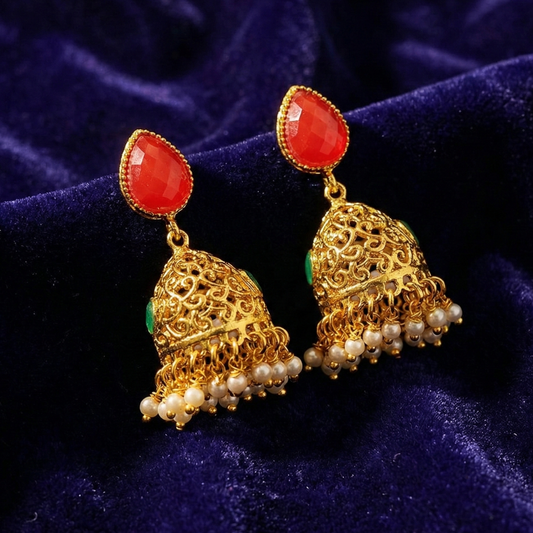 Golden Jhumka With Big Red Stone & White Pearls