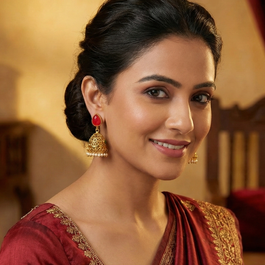 Golden Jhumka With Big Red Stone & White Pearls